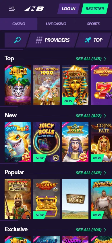 Naobet Casino mobile games catalogue